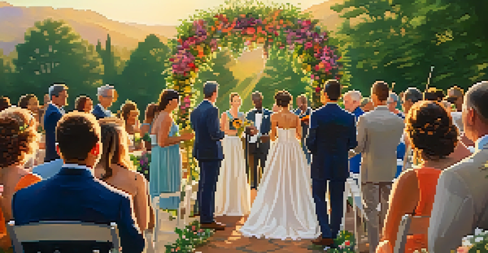 An outdoor wedding ceremony in a garden, with guests in colorful clothes and a musician playing a string instrument, bathed in warm sunset light.