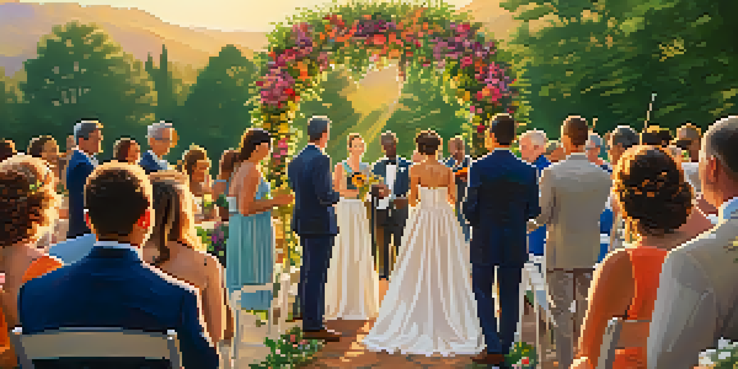 An outdoor wedding ceremony in a garden, with guests in colorful clothes and a musician playing a string instrument, bathed in warm sunset light.