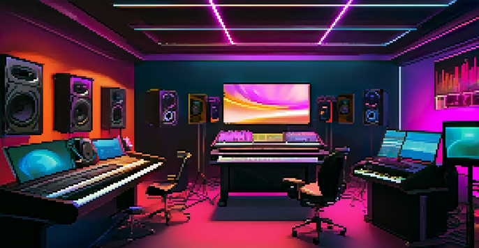 A modern music studio with advanced AI tools and colorful lighting, showcasing instruments and screens displaying sound patterns.