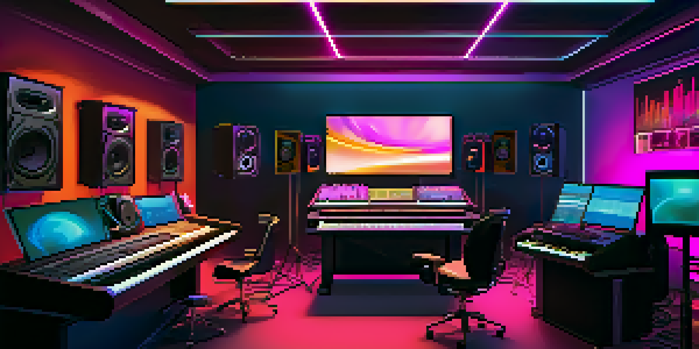 A modern music studio with advanced AI tools and colorful lighting, showcasing instruments and screens displaying sound patterns.