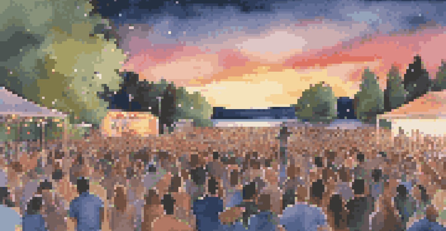 A vibrant outdoor concert with a crowd enjoying live music under a sunset sky.