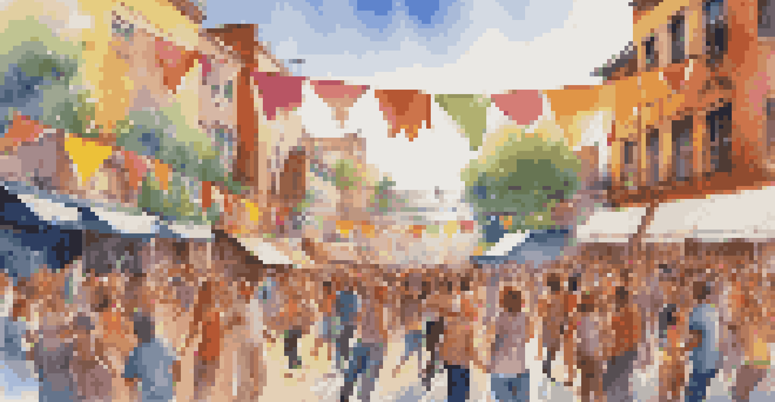 A lively music festival scene with people dancing and musicians performing on stage, surrounded by colorful decorations.