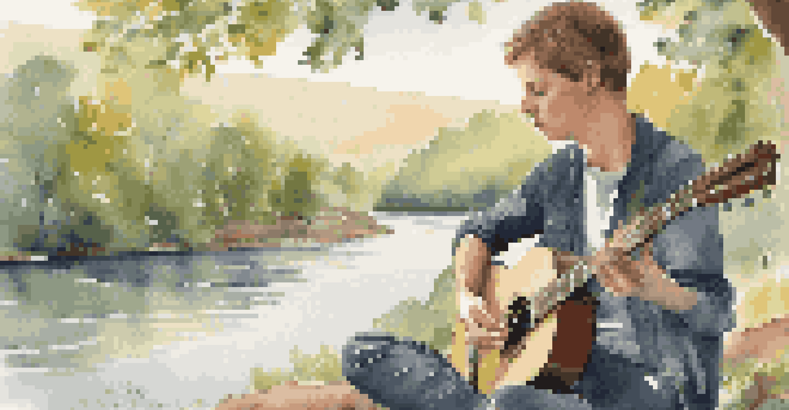 A young musician playing guitar with nature-themed lyrics on a notepad, set against a beautiful natural landscape in soft morning light.