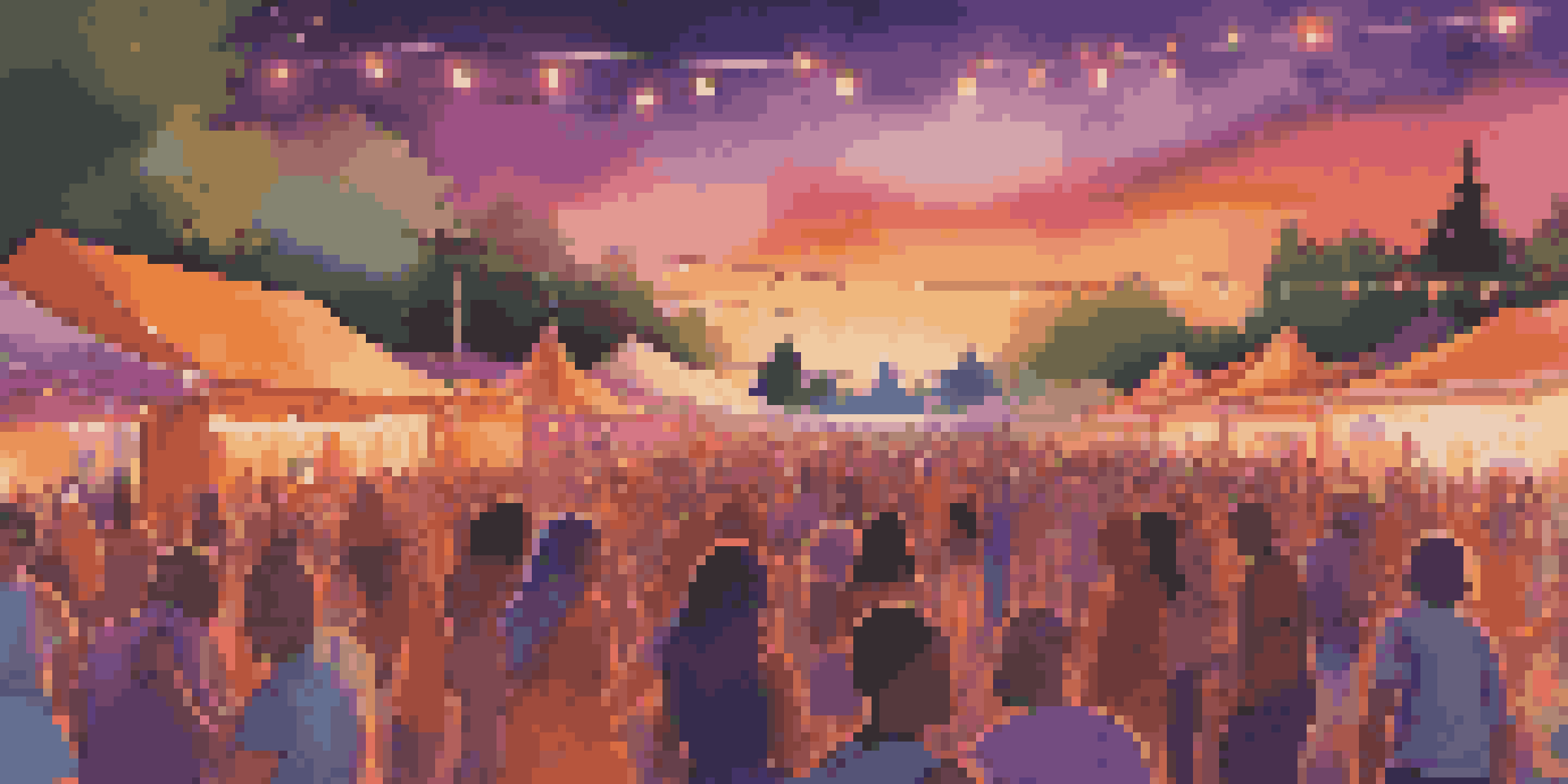 A lively outdoor music festival with a diverse crowd dancing at sunset, colorful lights illuminating the stage, and vibrant food stalls in the background.