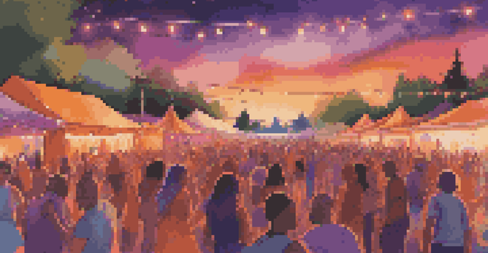 A lively outdoor music festival with a diverse crowd dancing at sunset, colorful lights illuminating the stage, and vibrant food stalls in the background.