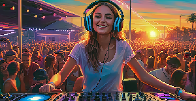 A young female DJ mixing music at an outdoor festival with a colorful crowd and sunset lighting.