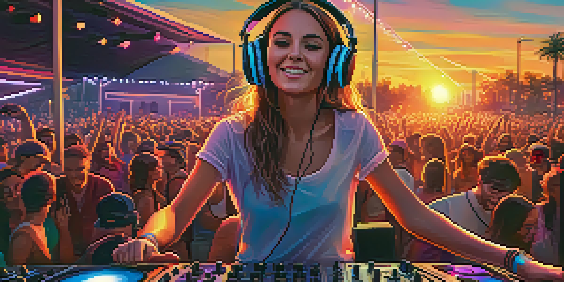 A young female DJ mixing music at an outdoor festival with a colorful crowd and sunset lighting.