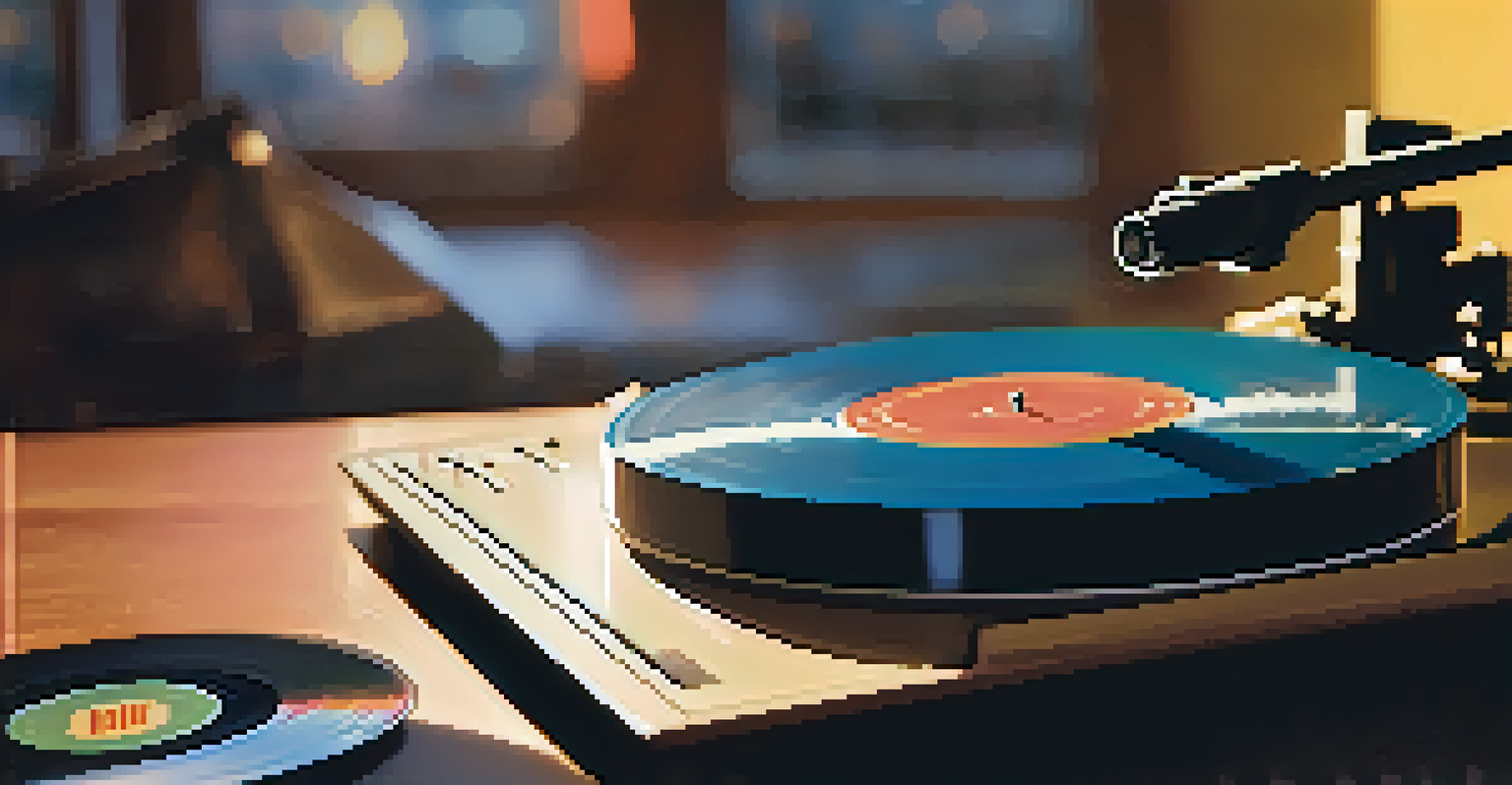 A close-up of a spinning vinyl record on a turntable, with warm lighting and an open album cover in the background.