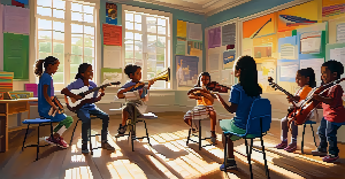 A classroom filled with students and a teacher using musical instruments to enhance learning, with sunlight illuminating the vibrant space.