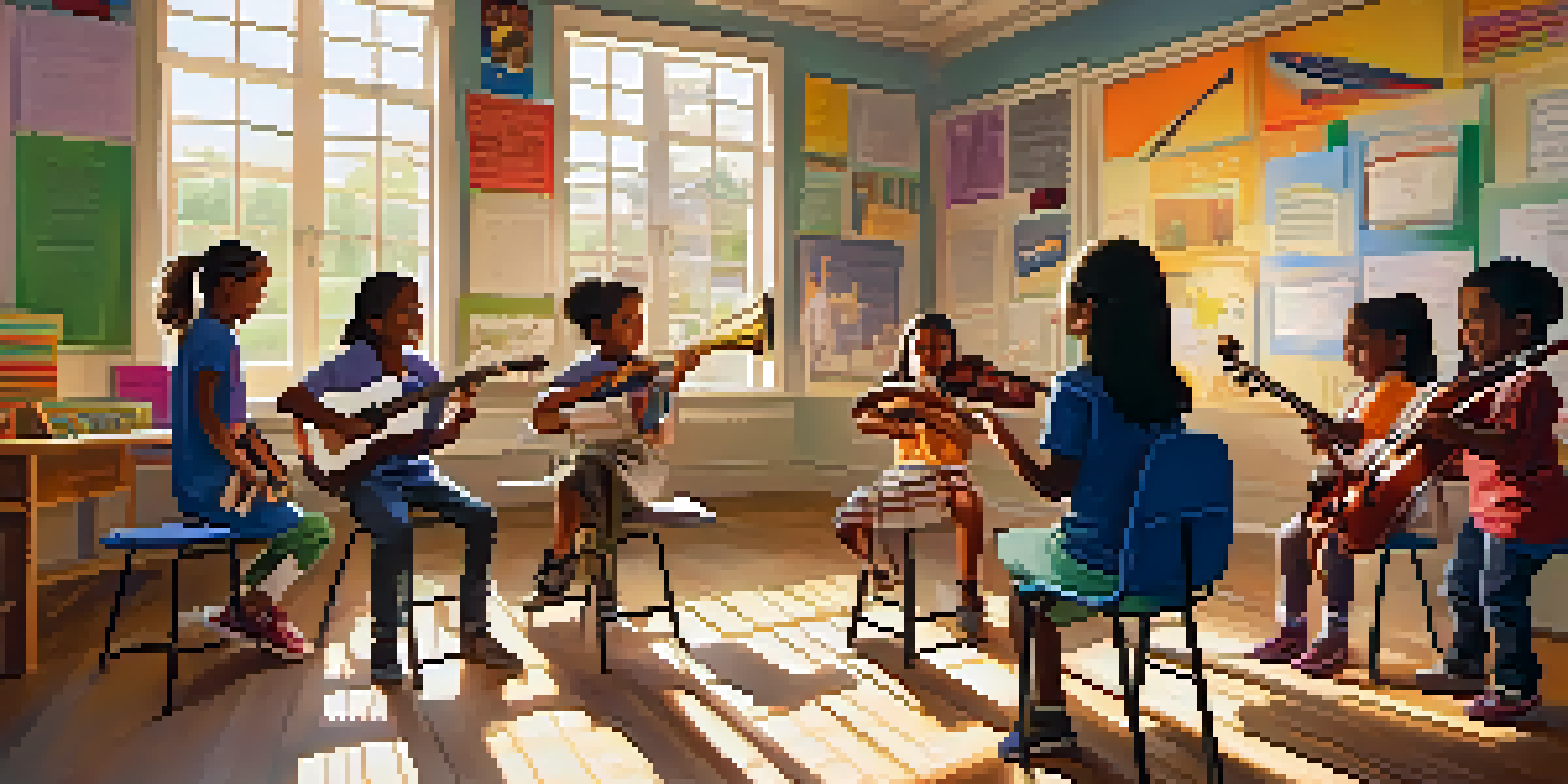 A classroom filled with students and a teacher using musical instruments to enhance learning, with sunlight illuminating the vibrant space.