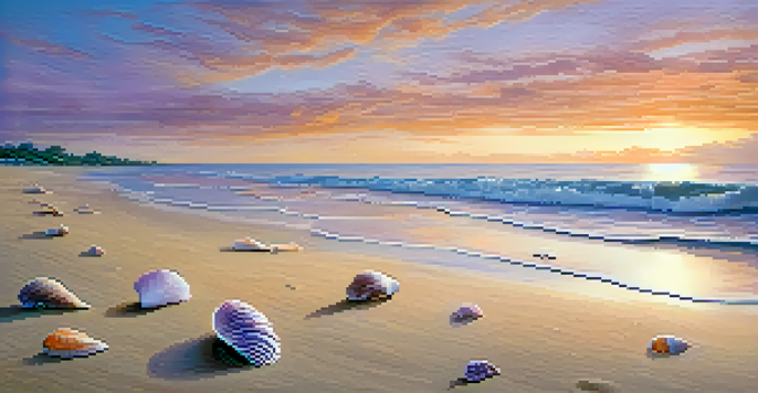 A beautiful beach at sunset with waves, seashells on the sand, and colorful sky.
