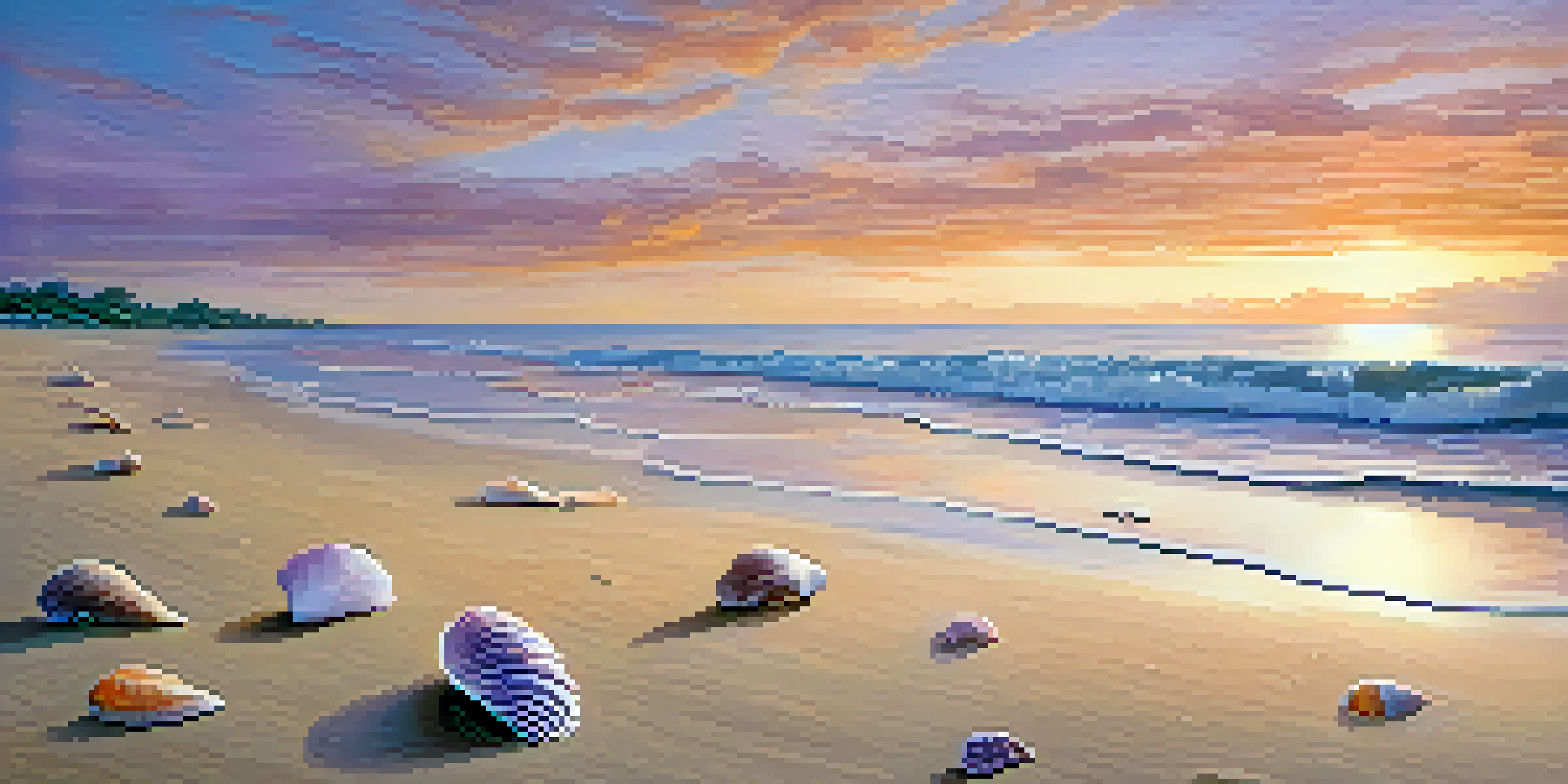 A beautiful beach at sunset with waves, seashells on the sand, and colorful sky.