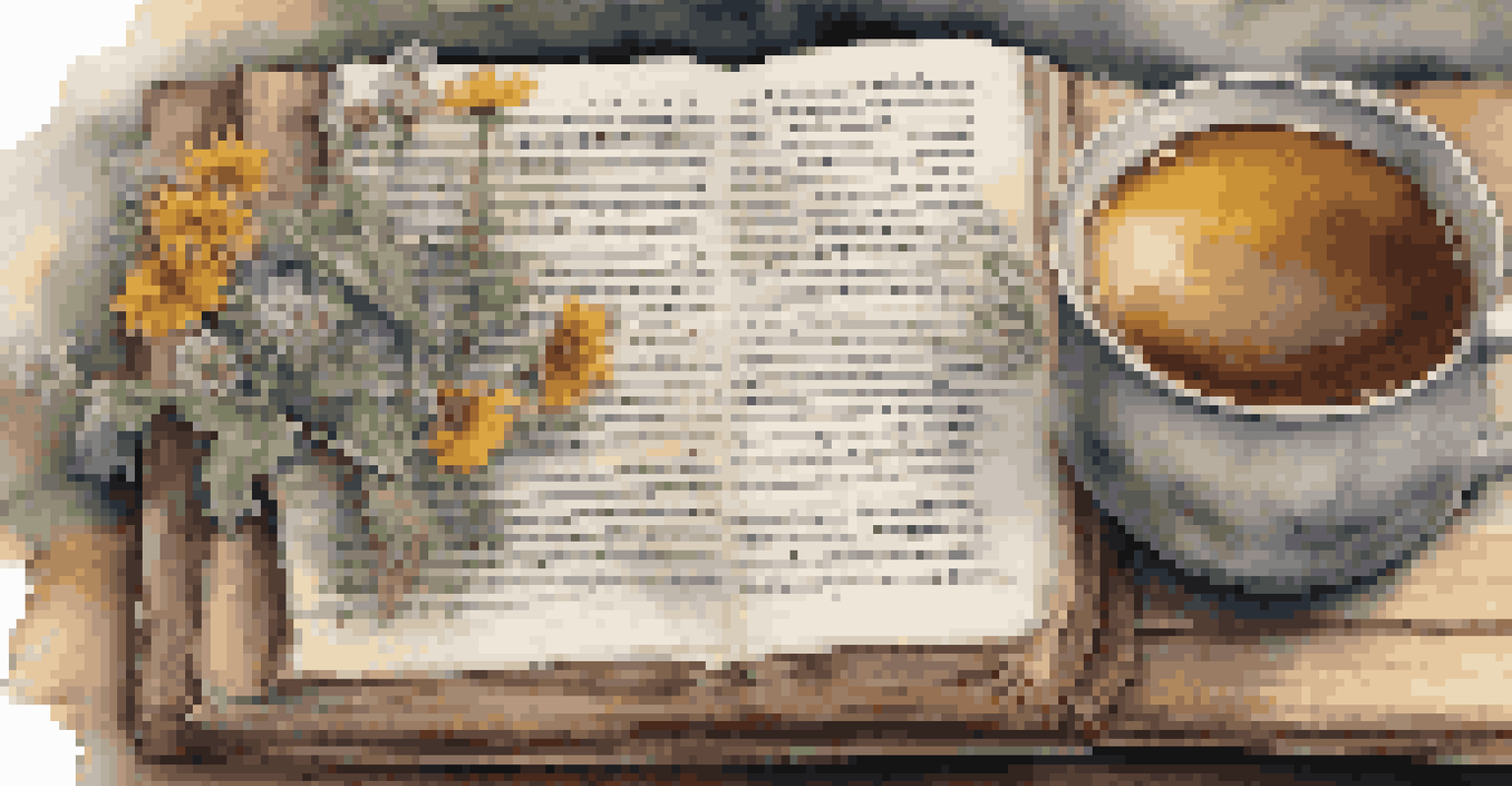 A close-up of a hand holding a folk songbook on a rustic wooden table with wildflowers and a cup of tea.