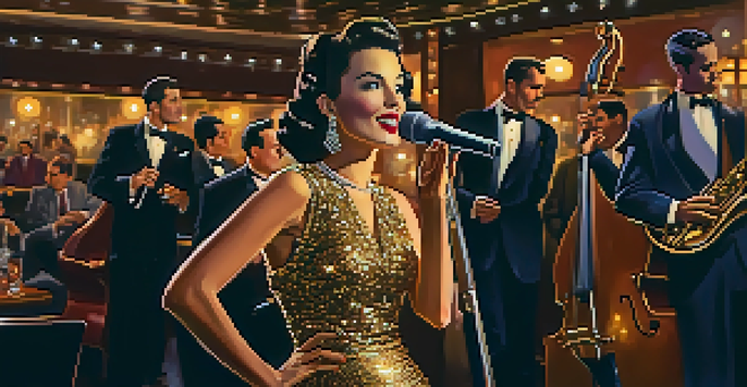 A female jazz singer in a sequined dress performs in a 1940s jazz club, surrounded by a small band and an attentive audience in warm lighting.
