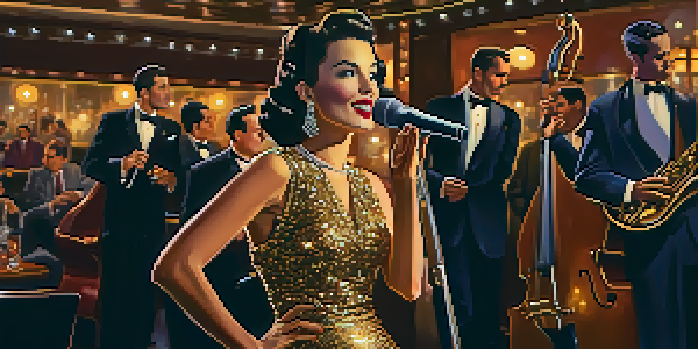 A female jazz singer in a sequined dress performs in a 1940s jazz club, surrounded by a small band and an attentive audience in warm lighting.