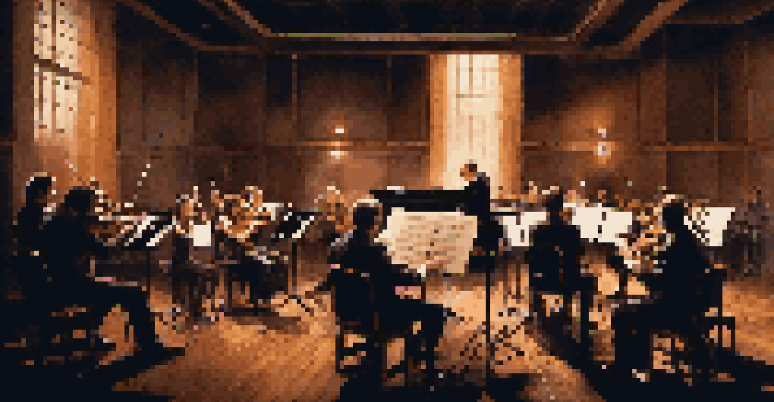 A composer conducting an orchestra in a dimly lit studio, surrounded by instruments and sheet music, evoking a sense of urgency.