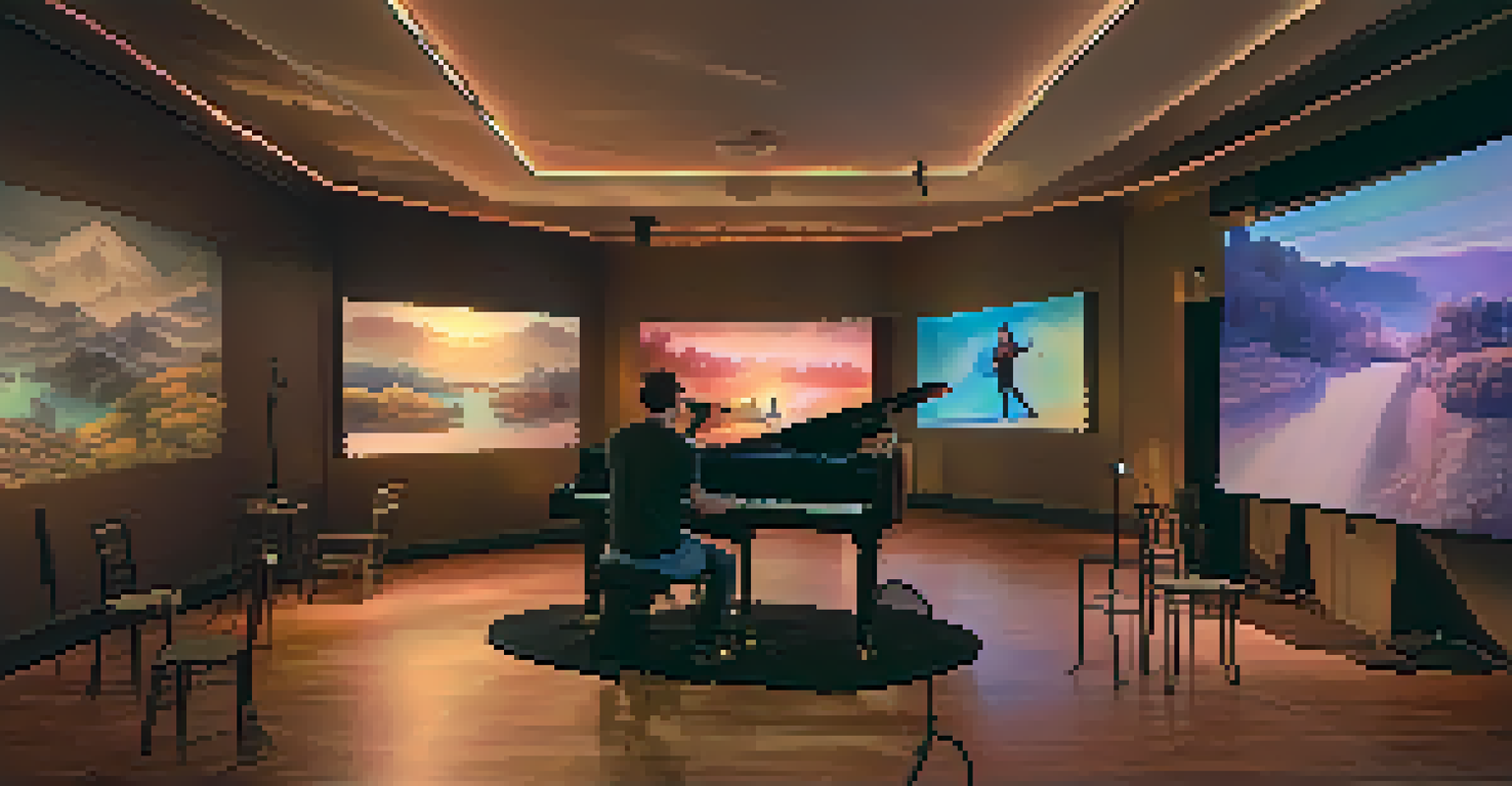A small concert venue with an artist performing amidst changing augmented reality landscapes, providing a personal experience for the audience.