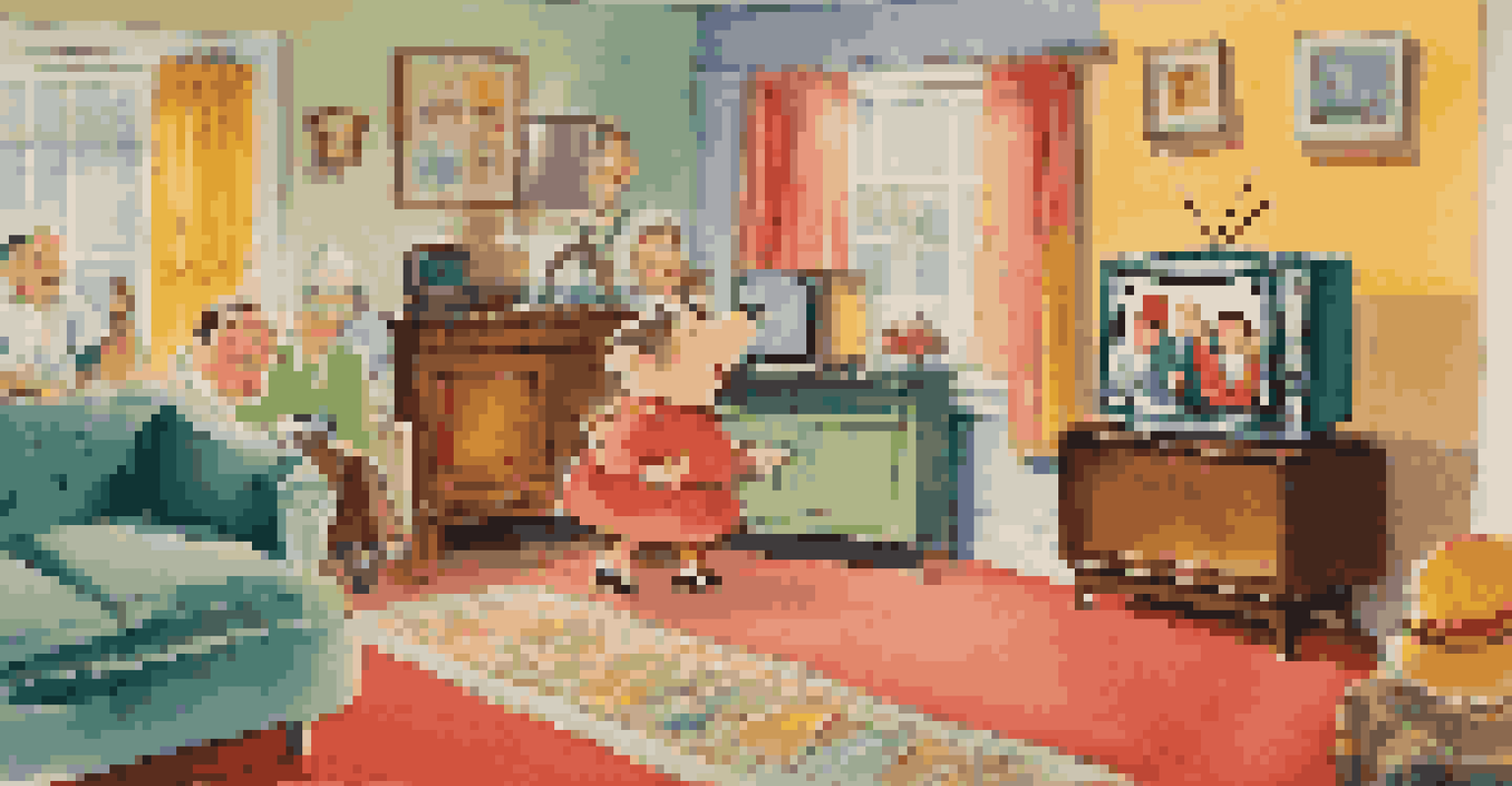 A 1950s television set displaying a cheerful jingle advertisement, with animated characters dancing around and a family watching in delight.