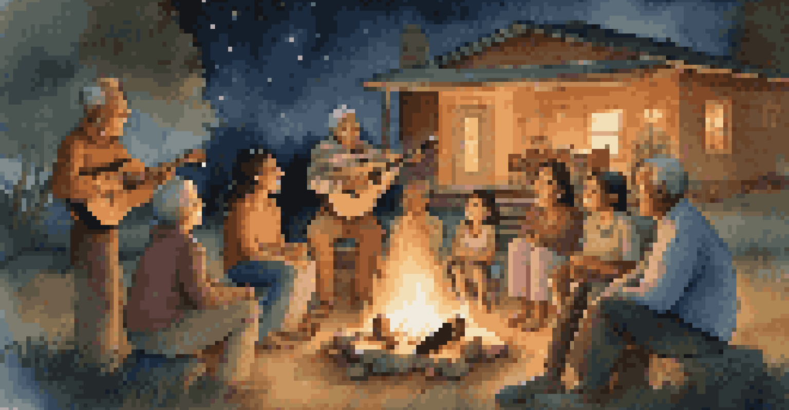 A warm family gathering around a fire with different generations sharing music and stories.