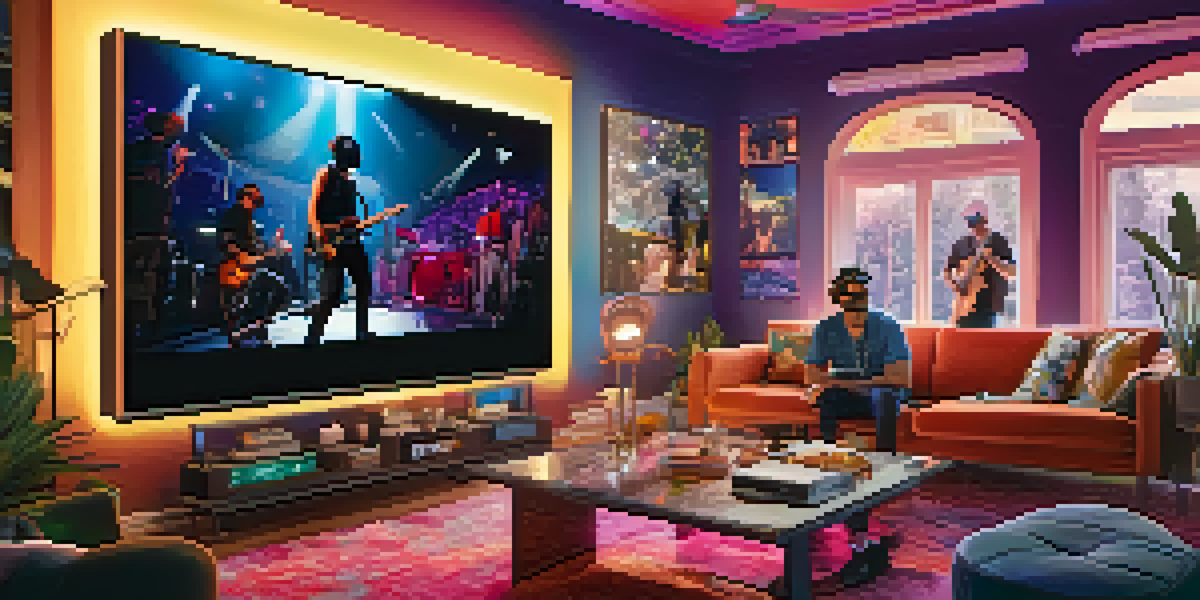 A person in a cozy living room wearing a VR headset, with a large screen showing a virtual concert and colorful lights.
