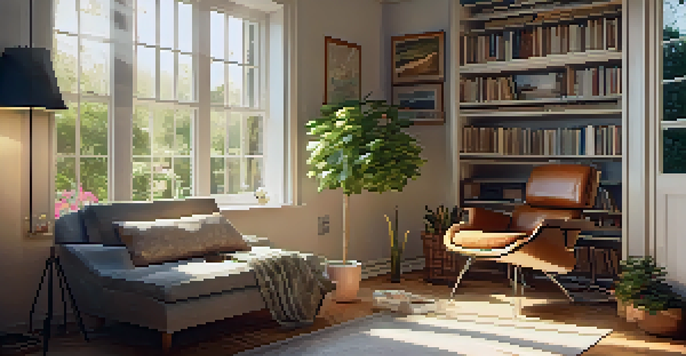 A cozy corner in a home with an armchair, soft lighting, and a view of a garden, conveying a sense of relaxation and music.