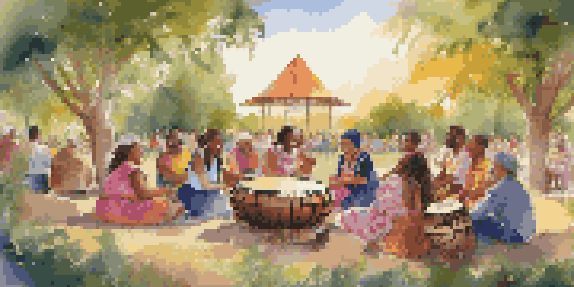 A diverse group of people in traditional clothing participating in a community drumming circle in a park during sunset.