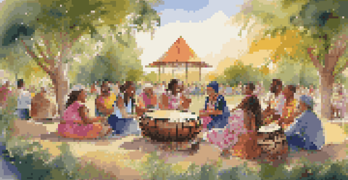 A diverse group of people in traditional clothing participating in a community drumming circle in a park during sunset.
