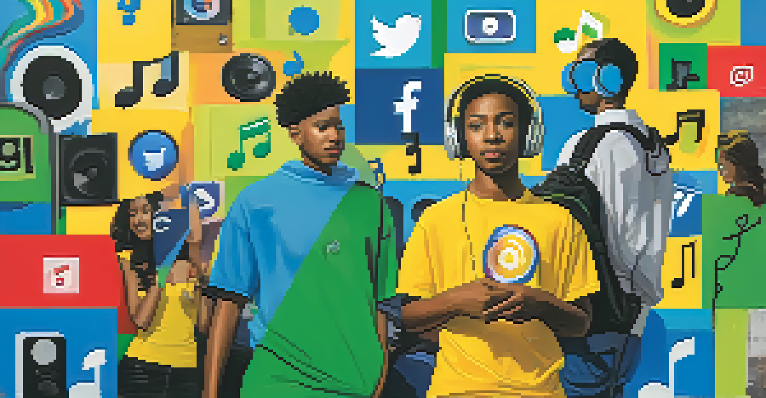 An artistic depiction of social media icons and musical notes, representing the connection between music and activism, with vibrant colors and images of young activists.