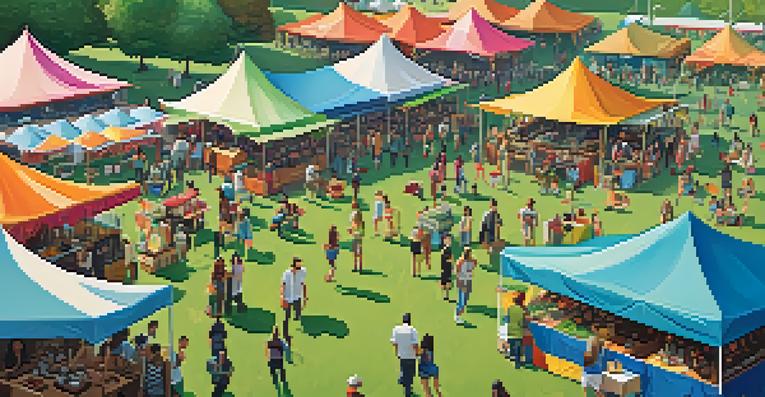 An aerial view of a vibrant music festival featuring various food stalls with international cuisine and festival-goers enjoying their meals.