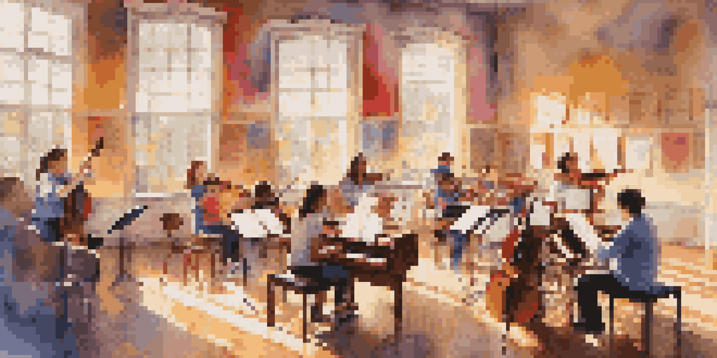 A lively music classroom with students practicing different musical instruments, sunlight streaming through the windows.