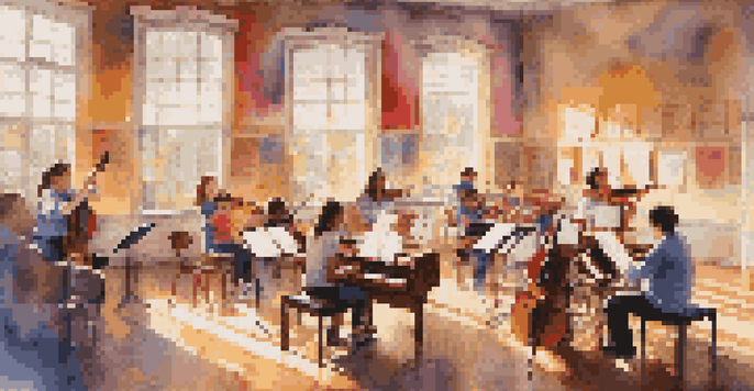 A lively music classroom with students practicing different musical instruments, sunlight streaming through the windows.