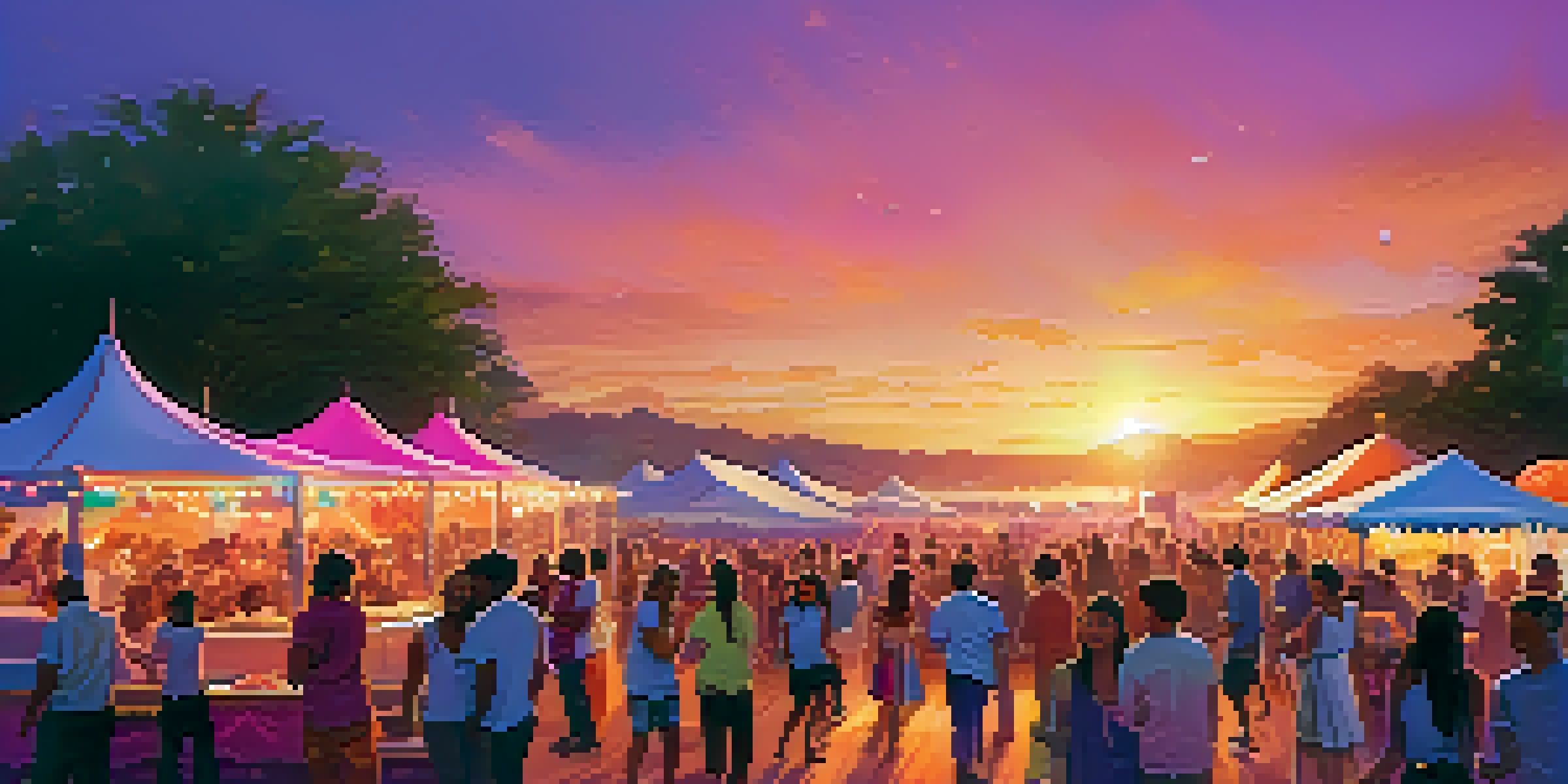 A lively outdoor music festival during sunset, featuring diverse crowds dancing, illuminated stage, and colorful food stalls.