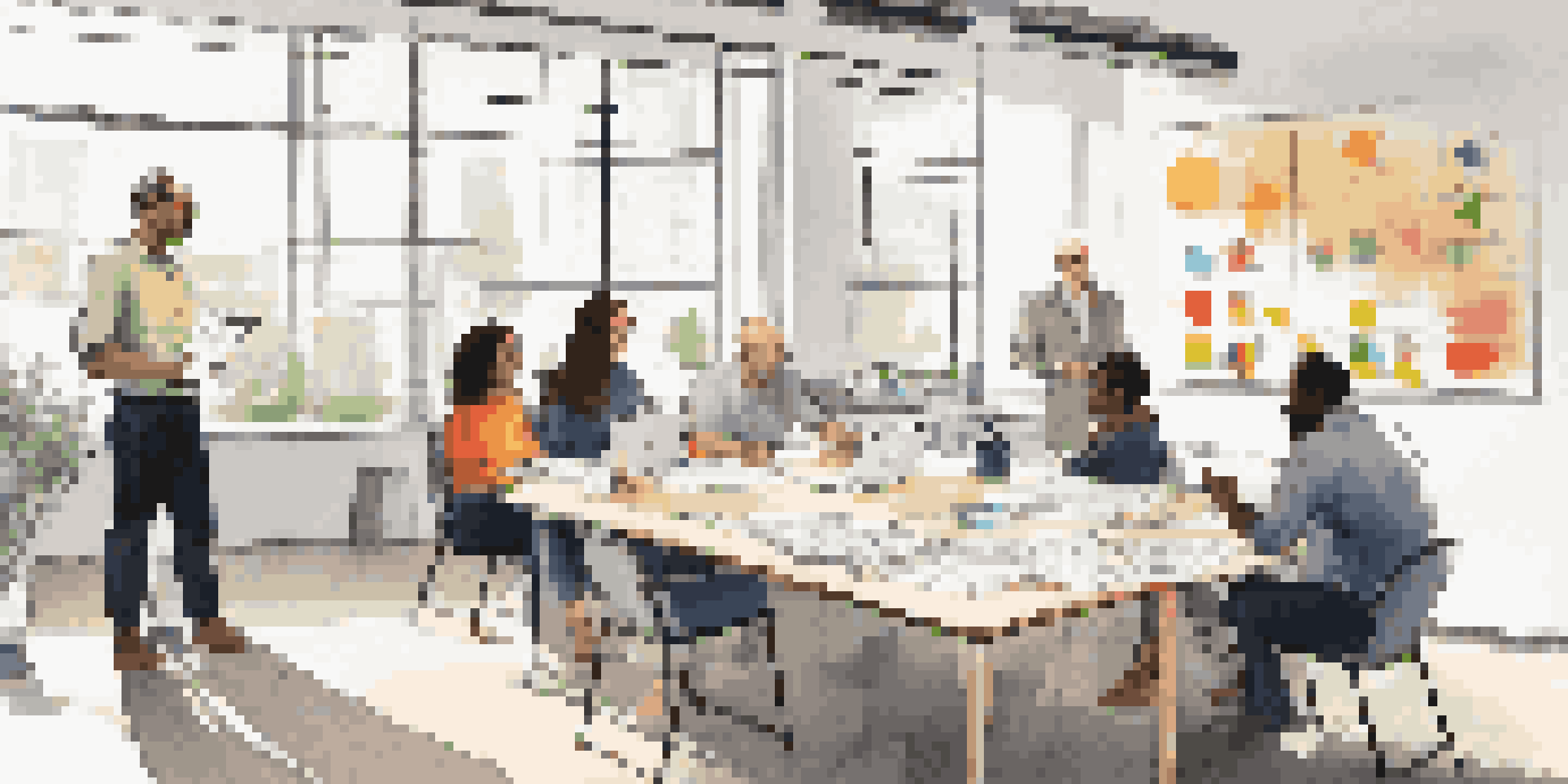 A diverse group of professionals in a bright office engaged in a constructive feedback session, surrounded by notebooks and a whiteboard.