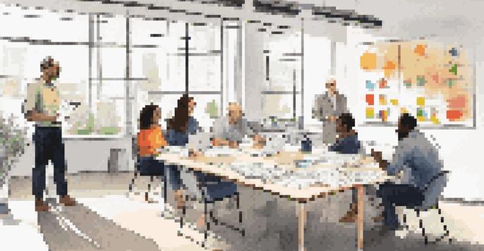 A diverse group of professionals in a bright office engaged in a constructive feedback session, surrounded by notebooks and a whiteboard.