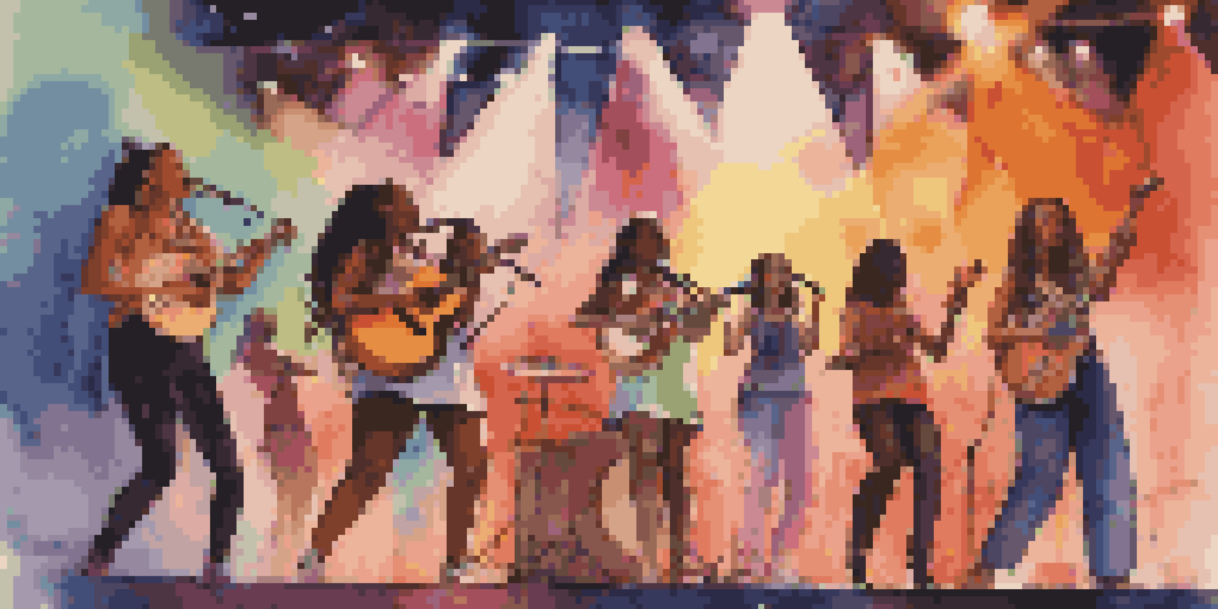 A diverse group of female musicians performing on stage with colorful lights, showing energy and empowerment.