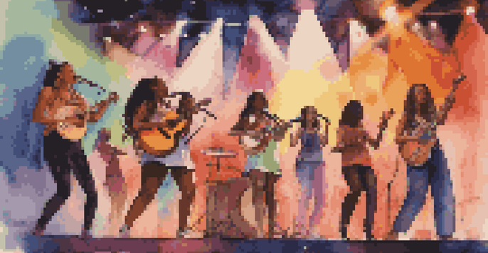 A diverse group of female musicians performing on stage with colorful lights, showing energy and empowerment.