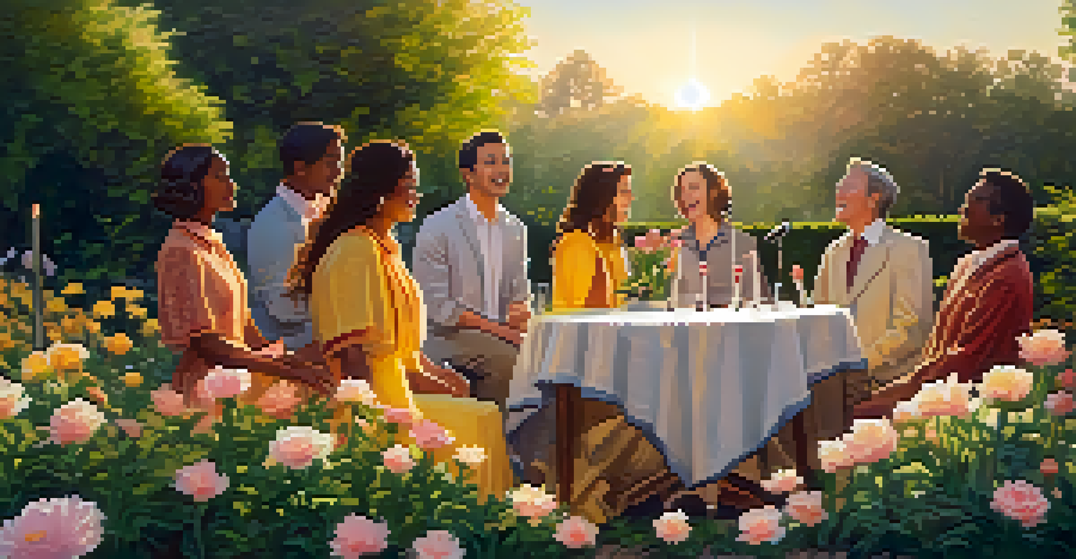 A small choir singing in a garden during sunset, surrounded by flowers and greenery, displaying joy and connection.