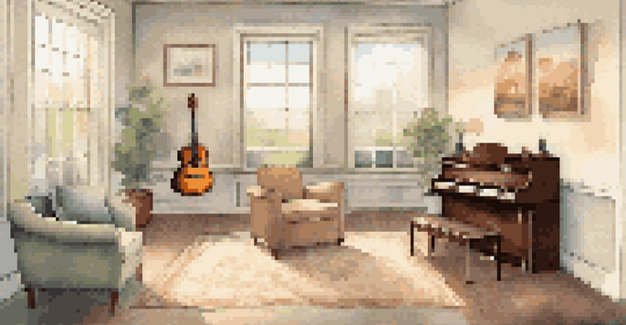 A cozy music therapy room with soft lighting and various musical instruments, designed for relaxation and healing.