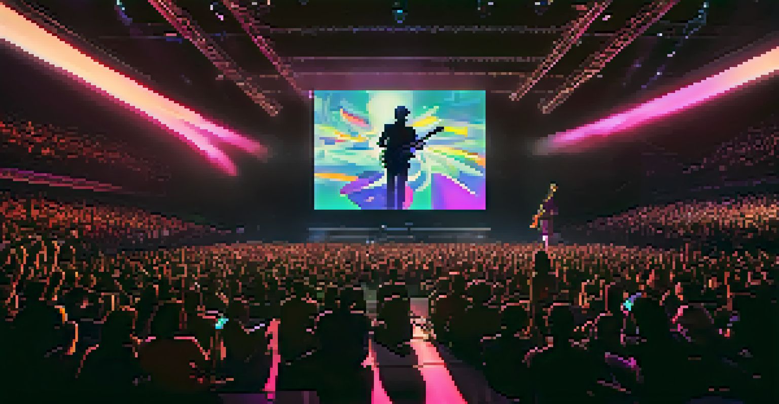 A musician performing on stage with a digital screen displaying animated NFT graphics, captivating the audience with dramatic lighting.