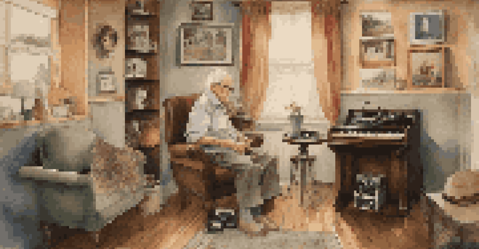 An elderly person listening to music on a record player in a vintage-style room filled with old photographs.