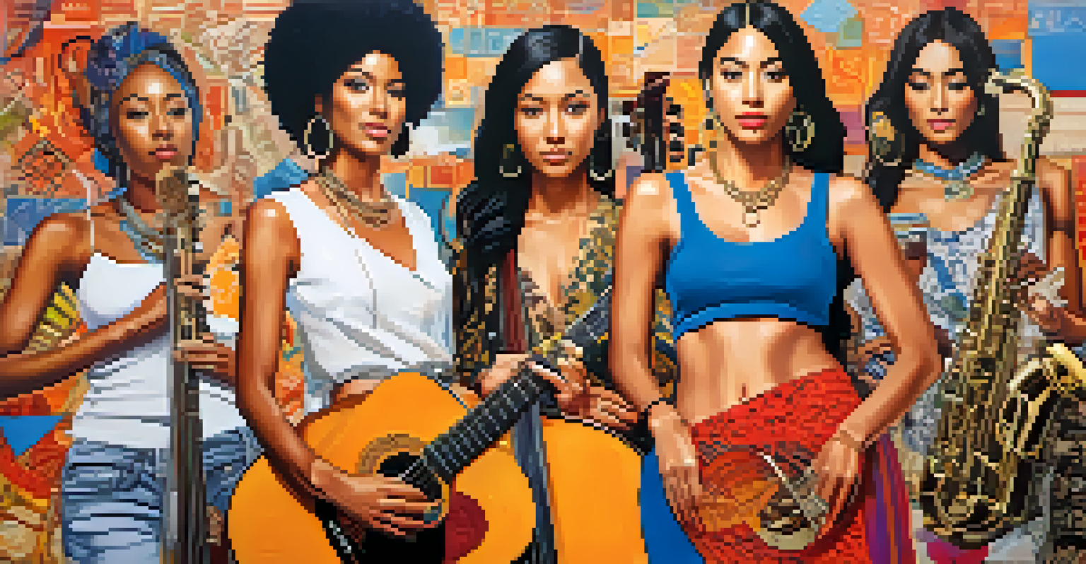 A diverse group of female musicians in a collage, showcasing various styles and instruments against a backdrop of musical notes.
