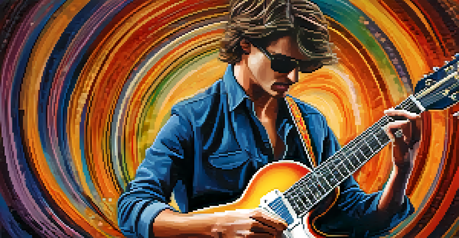A musician playing an acoustic guitar with colorful electric sound waves merging into a dynamic musical landscape.