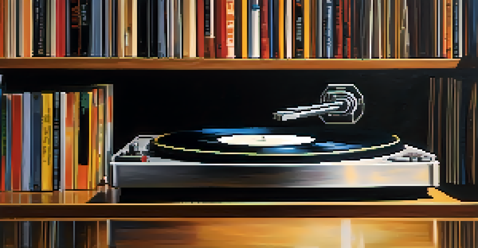 A close-up of a spinning vinyl record on a turntable, with soft light reflecting on the grooves and a shelf of vinyl albums in the background.