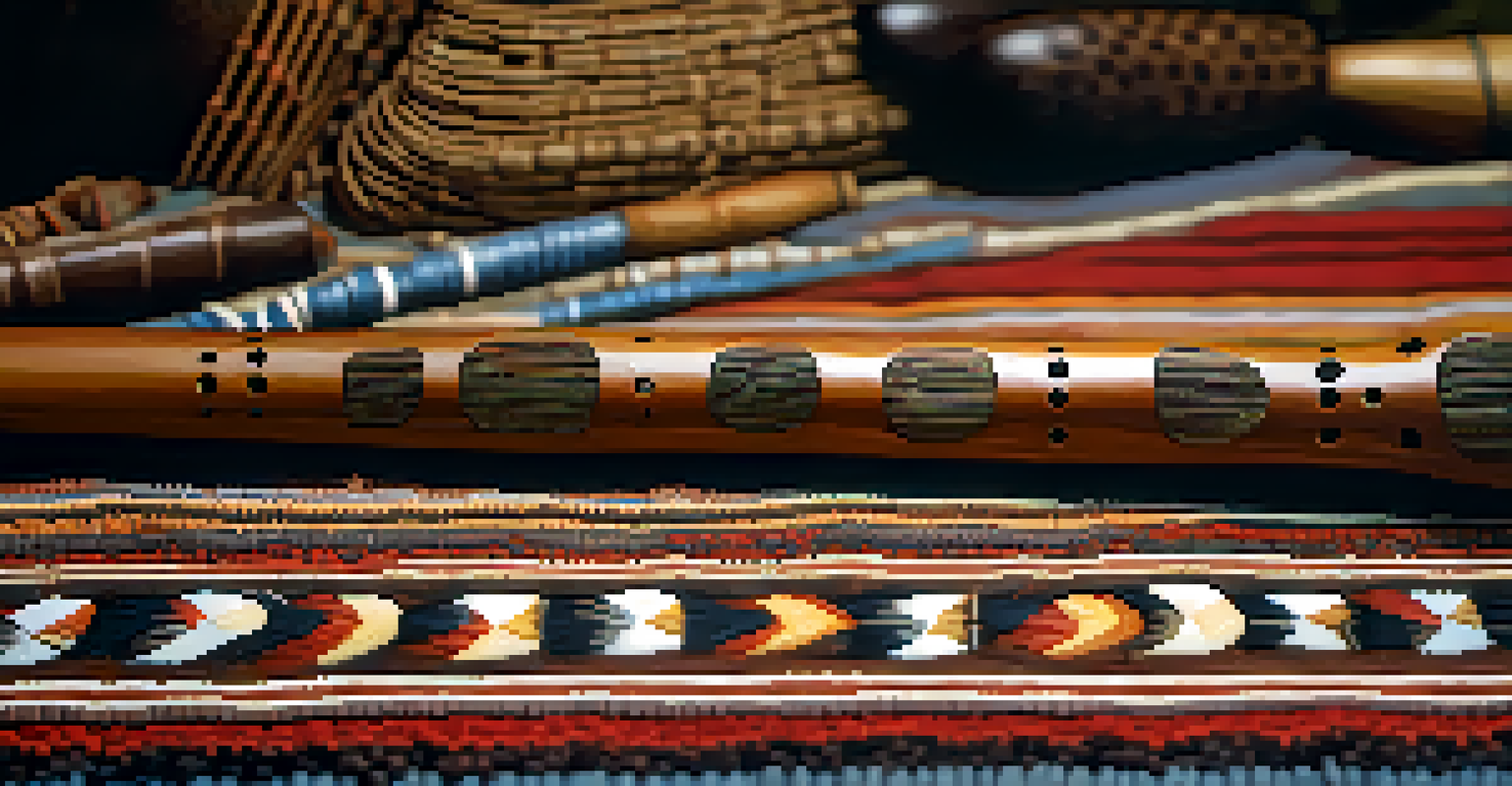 A close-up of a traditional Indigenous flute with detailed carvings on a woven blanket, softly illuminated in natural light.