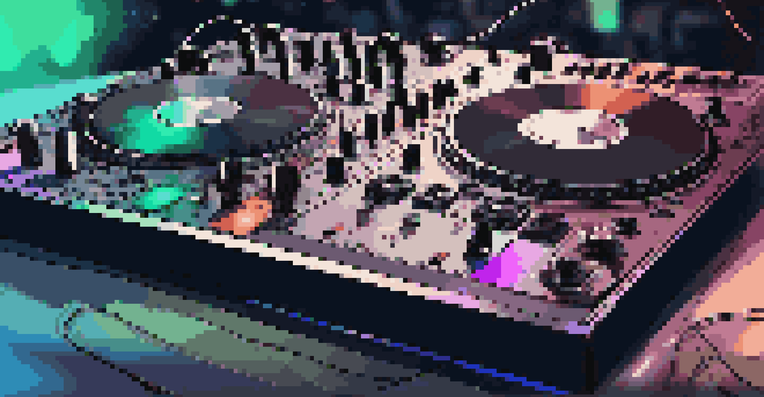 Close-up of professional DJ equipment, including a mixer and turntables, illuminated by LED lights.
