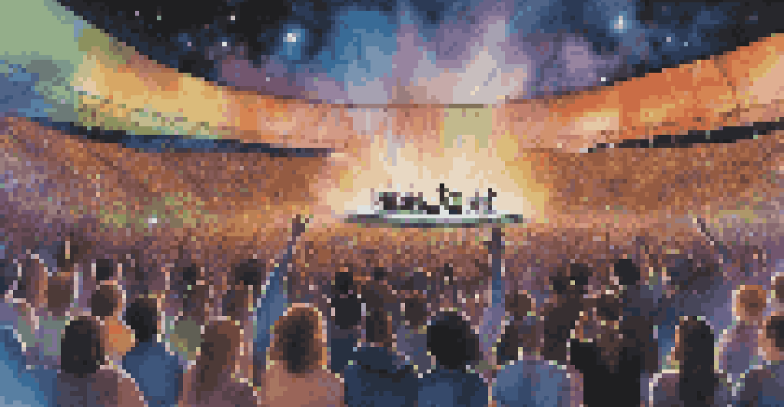 A lively outdoor concert featuring musicians and a holographic display captivating the audience.