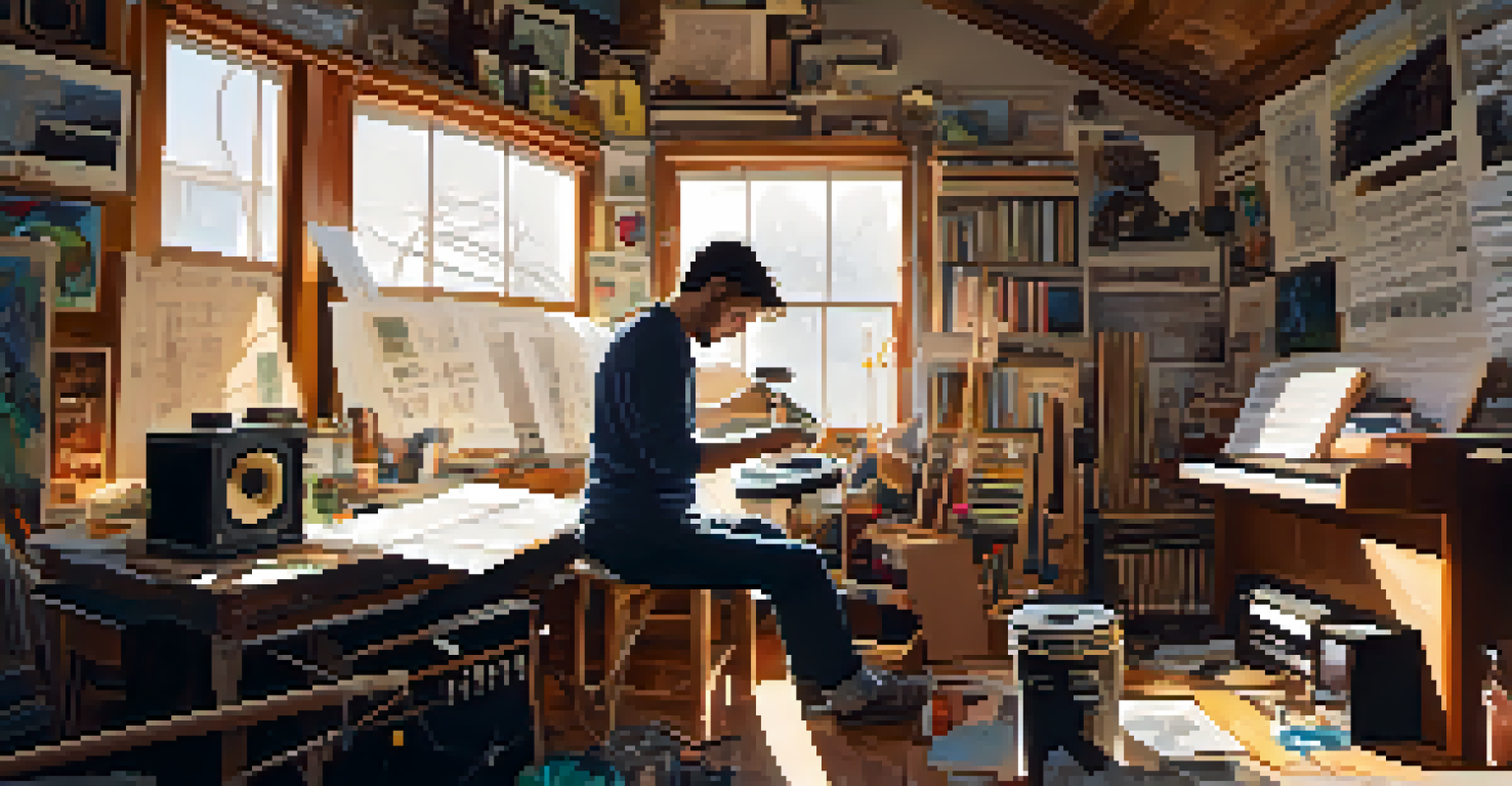 An artist in a studio, creating music with recycled materials, surrounded by sunlight and eco-friendly instruments.