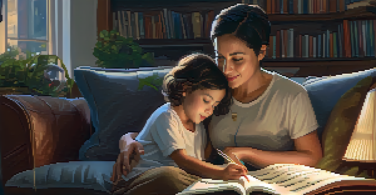 A parent and child sitting on a couch, learning music together with a keyboard, surrounded by books and instruments in a warm setting.