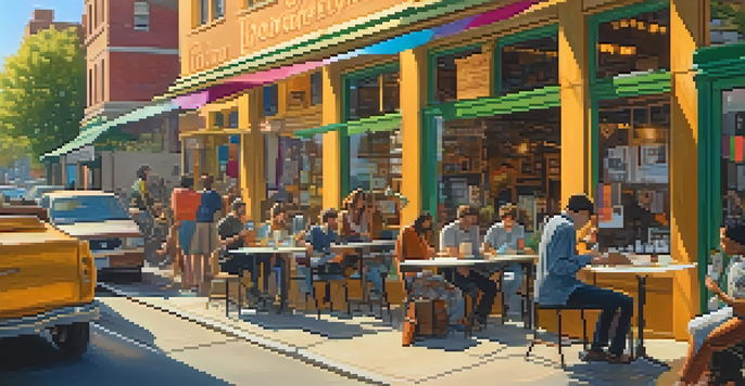 A lively street scene depicting various independent artists including musicians, a painter, and a writer, all immersed in their creative processes under warm sunlight.
