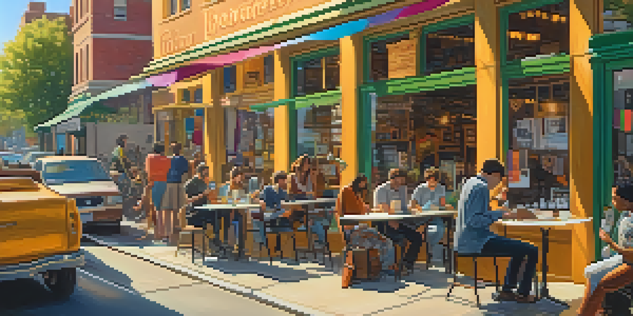 A lively street scene depicting various independent artists including musicians, a painter, and a writer, all immersed in their creative processes under warm sunlight.